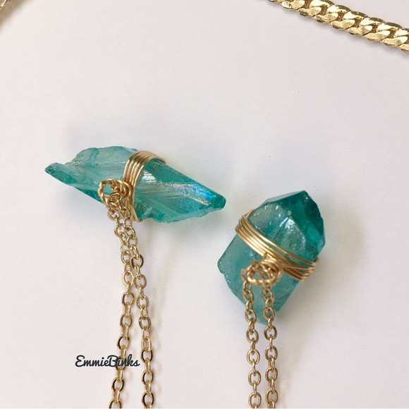 New Aqua Green Aura Quartz Crystal Dual Copper Chain Layered Necklace - Picture 11 of 16
